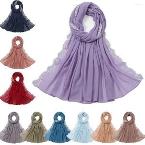 Ethnic Clothing 2023 Trendy Plain Bubble Heavy Chiffon Wrap With White Embroidered Lace Solider Color Shawls Headband Muslim Hijab Scarves