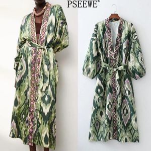 Klänningar pseewe kvinna klänning grönt tryck midi kimono klänning kvinnor sommar 2021 bälte lång puff ärm japansk stil wrap långa klänningar