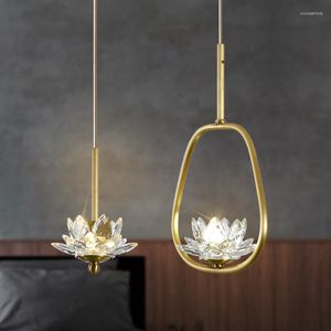 Pendant Lamps Copper Crystal Lotus Lights Bedroom Living Bedside Chinese Post Modern Luxury Single Balcony Aisle Hanging Lamp Lighting