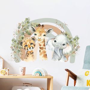 Adesivos de parede de desenho animado fofo elefante girafa arco-íris folhas aquarela adesivo de parede vinil berçário arte decalques para quarto de crianças decoração de casa 230602