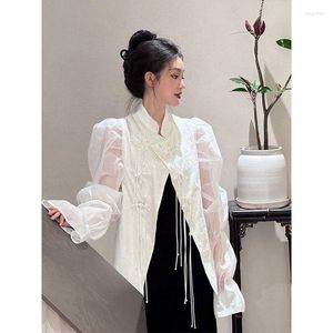 Kvinnors blusar 2023 Spring Chinese Style Women's Retro Tassle Stand Collar Button Top White Long Bubble Sleeve Shirt For Women