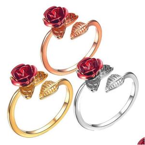 Band Rings Red Rose Garden Flower Leaves Open Ring Resizable Adjustable Finger For Women Valentine Day Gift Jewelry Drop Delivery Dhh9I