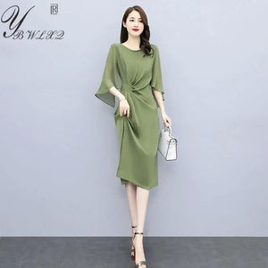 ドレス2022夏の薄いソリッドカラーシフォンドレス韓国のファッションフリルスリーブミディフローファイーパーティードレスM3xlビッグサイズ女性ベスティド
