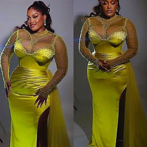 2023 May Aso Ebi Yellow Mermaid Prom Dress Beaded Satin Evening Formal Party Second Reception Birthday Engagement Gowns Dresses Robe De Soiree ZJ353