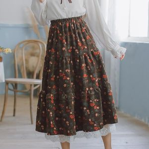 Klänningar nya japanska mori tjej kvinnor midi kjol hög midja marinblå blå brun blommor kjol med spets ruffles vintage elegant corduroy kjol