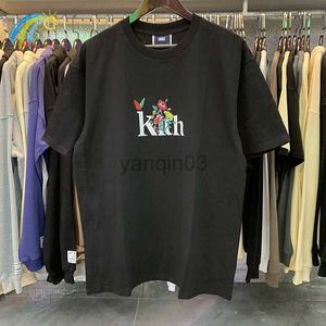 Camisetas Masculinas 2022SS Preto Branco Damasco Casual KITH Camiseta Masculino Feminino 1 1 Clássico Flor Pássaro Estampado Kith Camiseta Solta Manga Curta Com Etiqueta J230602