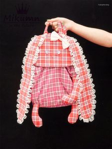 Schultaschen Japanischer Harajuku Vintage Rucksack Frauen Mädchen Baumwolle Lässig Süße Schleife Spitze Plaid Streetwear