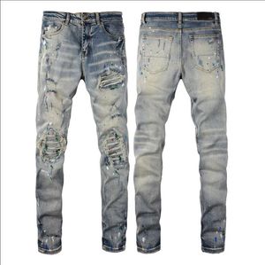 Mens Jeans Jeans Altos elásticos angustiados Rapped Ripped Slim Fit Motorcycle Biker Denim para Men S Fashion Black Pants ###