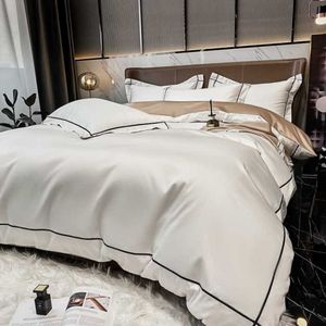 Bedding sets White Egyptian Cotton Bedding Sets Queen King Size Embroidery Duvet Cover FlatFitted Sheet Bed Linen Hotel Style Home Textiles R230309