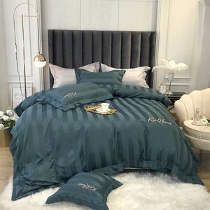 Luxury 60s Silk stripes Cotton bedding set Embroidery Solid color Hotel Household Bed set Duvet Cover Bed Sheet Queen King size T200822