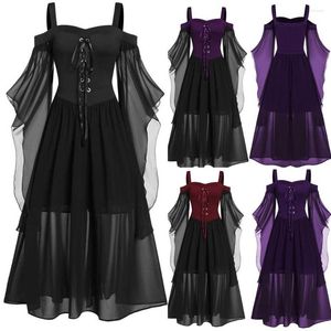 カジュアルドレスWomne Cold Olderlies Sleeve Lace Up Gothic Style Halloween Dress Women Bow Tie Costume L-5XL