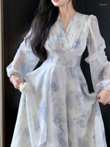 Casual Kleider Chinesischen Stil Blau Weiß Zeichnung Elegante Langarm Gedruckt Sommer Kleid Vestidos De Noite