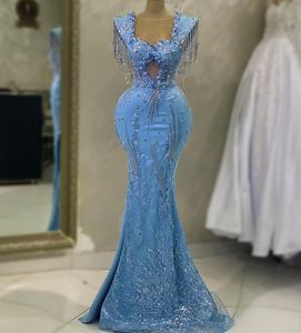 2023 May Aso Ebi Crystals Mermaid Prom Dress Pärvad paljett spets kväll formell parti andra mottagning födelsedag engagemang klänningar klänningar mantel de soiree zj344