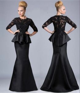 Vintage Black Mermaid Mother Of The Bride Dresses For Wedding Party 2023 Floor Length Half Sleeves Lace Appliques Top Peplum Satin Groom Mom Prom Evening Gowns