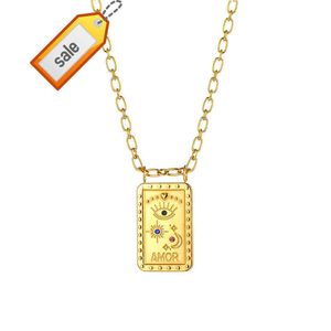 Fashion Retro Stainless Steel Jewelry 18K Gold Plated Moon Sun Star Sign Square Pendant Devil Evel Eye Necklace for Women