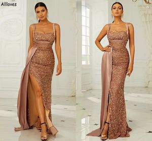 Shiny Full Sequined Long Sheath Evening Dresses Sexy Spaghetti Straps Aso Ebi Formal Occasion Women Party Gowns Peplum Plus Size High Split Vestidos De Festa CL2342