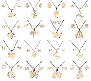 16 estilos Conjuntos de joyas de acero inoxidable 316L Corona Cráneo mariposa Elefante Corazón colgante collar Conjunto de aretes para mujer Moda Je6042349