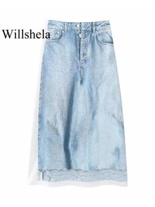 Klänningar willshela kvinnor mode denim ljus blå fast front knapp sida blixtlås kjol vintage hög midja kvinnlig chic lady kjol