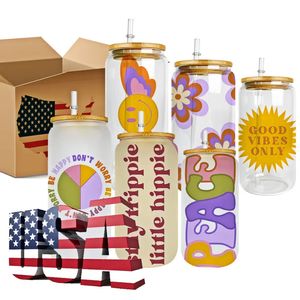 USA CA Stock 16 oz DIY Süblimasyon Baskı için Kupalar Açık Buzlu Cam Tumbler Bira Kutu Meyve Suyu Kahve Partileri Bambu Kapak ve Pipet ile Soğuk İçecekler 4.23