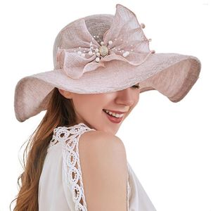 Breda brimhattar Kvinnor Bridal Dress Cap Curved Flower Applique Sun Beach Fascinator Floppy Ladies Caps for Prom Party Chic