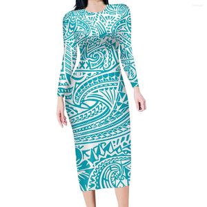 Vestidos Casuais HYCOOL Elegante Uma Peça Longa Noite Outono Manga Azul Royal Bodycon Dress Estampa Tatuagens Polinésias Puletasi