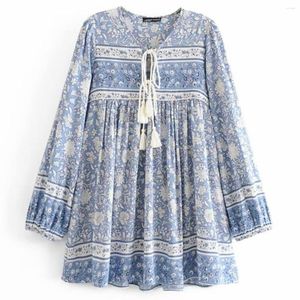 Abiti casual Donna Rayon Cotton Tie Neck Boho Dress Floral Porcelain Print Manica lunga Beach Bohemian Mini