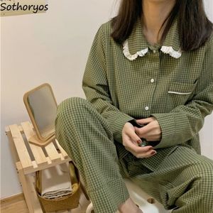 Kobieta śpiąca kraciona na swobodną piżamę Zestawy Kobiety w pojedynczym piersi Ins Japan Turndown Kołnierz nocny Spring Spring Elastyczna talia odzieży domowej Małer 230601