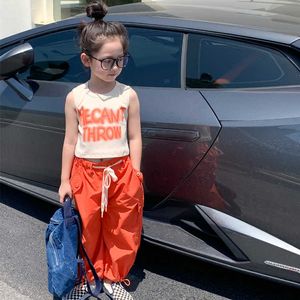 Colete sem mangas de verão para meninas, terno casual de secagem rápida, camiseta infantil coreana, calça cargo, conjunto de duas peças