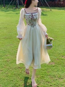 Vestidos casuais 2023 Verão French Vintage Floral Dress Office Lady Manga Longa Mulheres de festa One Piece Korean Chic