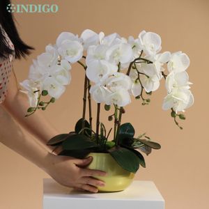 庭の装飾ホワイトモスランディッドディーフラワーアレンジメント5pcs orchid4pcs moss3pcs leavespotバタフライデコレーションインディゴ230601