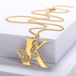 Pendant Necklaces Free Shipping Dainty Big Butterfly Letters Necklaces For Women Girl Jewelry Stainless Steel Chain Initial Pendant Necklace J230601