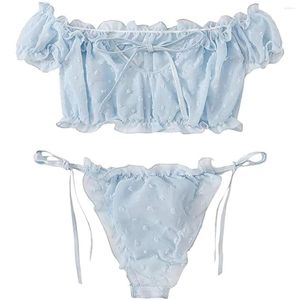 Roupa de banho feminina 2 pçs conjunto de biquíni ombro a ombro com cadarço feminino doce casual manga curta maiôs moda praia maiôs lingerie sexy