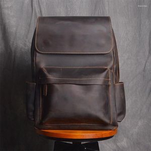 Backpack Vintage Men Business Double Zip Soft Leather College School Bag Male High Capacity Notebook Laptop