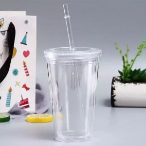 Bicchieri di plastica da 16 once Bicchieri di succo a doppia parete in acrilico trasparente con coperchio e cannuccia Tazza da caffè Tazze trasparenti fai-da-te all'ingrosso