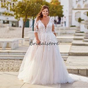 Fariy Plus Size Abito da sposa 2023 con mezza manica A Line Tulle Backless Lace Up Beach Abito da sposa Donna di grandi dimensioni Abito da sposa Vestidos De Novia Robes De Mariee