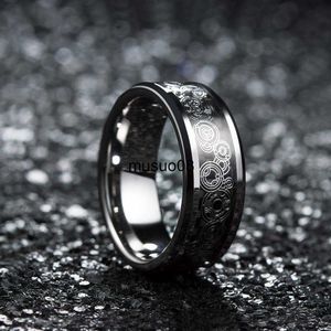 Bandringar 8mm Fashion Men's Tungsten Alloy Wedding Ring Geometric Mönster Inlagd Black Carbon Fiber Rostfritt stål Herrbröllop J230602