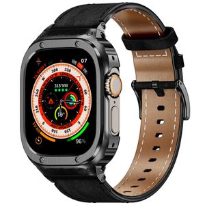 Estojo com armação protetora de metal com pulseira de relógio de couro genuíno 40/41/44/45/49 mm pulseira de substituição para Apple Watch S8/7/6/5/4