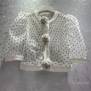 Women's Blouses Fashion Three-Dimensional Flower Hidden Hook Gold Thread Polka Dot Jacquard Mesh Blouse Women Short Sleeve Shirt Perspective