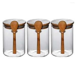 Storage Bottles 3pcs 600ml Glass Set With Lid Containers Spoon Airtight Jar Wood For Coffee Pasta Flour Sugar