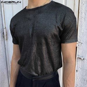 Men's T-Shirts Men T Shirt Solid Color Pleated O-neck Short Sleeve Streetwear Casual Men Clothing 2023 Shiny Fashion Camisetas S-5XL J230602