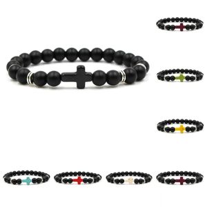 Charm Bracelets Cross Men Bracelet Brand Wholesale Unisex Natural Stone Hand Work Black Onyx Volcano Matte Frisado Drop Delivery Jewel Dhbis