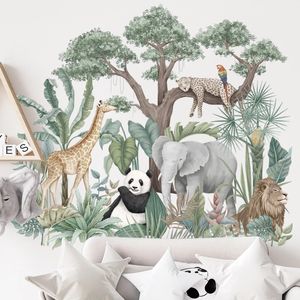 大型ジャングル動物の壁のステッカーキッズルームのためのボーイズルーム寝室の装飾北欧の熱帯植物壁紙パンダエレファントキリン