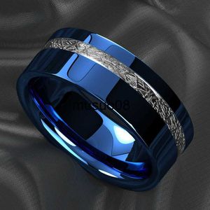 Band Rings Exquisite Fashion 8mm Blue Polished Stainless Steel Ring for Men Center Groove Inlay Meteorite Unisex Wedding Band Men Jewellery J230602