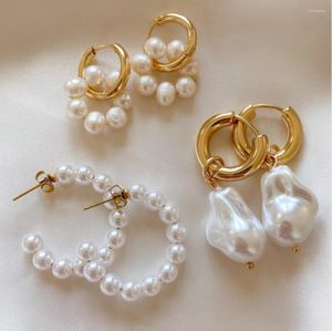 Hoop Earrings Uworld French Style Pearl C-shaped Jewelry Stainless Steel Gold-plated Mini Women's Gift Huggie