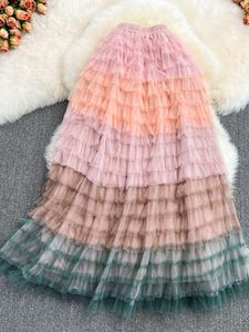 Dresses Tigena Gradient Rainbow Mesh Long Skirt Women 2022 Spring Korean Cute Beautiful High Waist Maxi Tiered Tutu Tulle Skirt Female