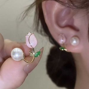 French Romantic Pink Tulip Women's Pearl Stud Banquet Party Earrings Temperature Elegant Fashion Jewelry Gifts G230602
