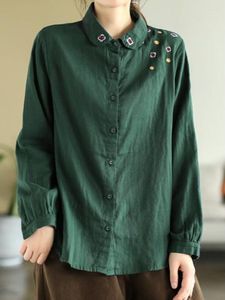 Women's Blouses 2023 Spring Art Retro Cotton Linen Long-sleeved Shirt Female Embroidered Flower Casual Solid Color Niche Office Lady