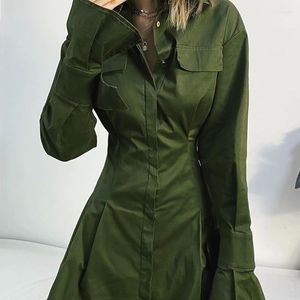Casual Dresses Vestido Women Retro Fashion Pagoda Sexy Skirt Sleeve Solid Color Dress Female Fold Single Breasted Long Sleeved Green