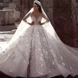 2023 Luxus-Hochzeitskleider in Übergröße, Perlen-Brautkleider, lange Ärmel, Kristallspitze, applizierte Pailletten, Vestidos De Novia, Arabisch, Aso Ebi, luxuriöse Perlen-Hochzeitskleider