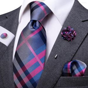 Bow Ties Mens Necktie Luxury 8.5cm Wide Blue Purple Plaid Silk Wedding Tie Pocket Square Cufflink Set Brooch Gift For Men Hi-Tie Designer